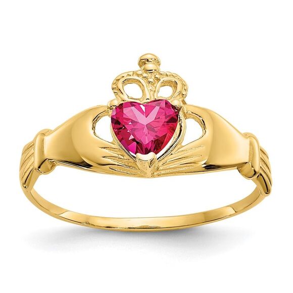 14k Yellow Gold CZ July Birthstone Claddagh Heart Ring